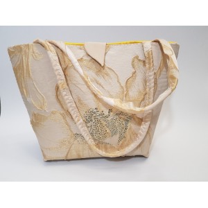 Geanta BrosNor, Unicat, lucrata manual, din jacquard, Crem-Auriu cu cristale Swarovski, 30 x 20 cm