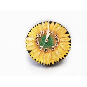 Ceas de perete, Florya Fiore, by BrosNor, din piele naturala, Floarea Soarelui, diametru 18  cm