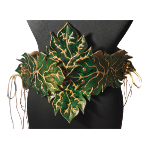 Centura-Corset BrosNor, Unicat, sculptata manual, din piele naturala, Verde/Auriu, in forma de Frunze , 60 x 10 x 20 cm
