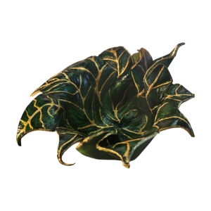 Cos BrosNor, Unicat, sculptat manual, din piele naturala, Verde/Auriu, in forma de Frunza , 20 x 18 x 5 cm