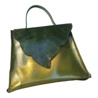 Poșetă BrosNor Fantasy, cu capac-frunză, lucrată manual, din piele naturală, Verde-Auriu, 18 cm x 25 cm x 6 cm 