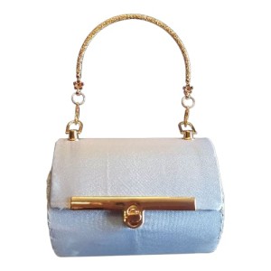 Poseta cilindrica BrosNor, unicat, lucrata manual, din satin, Bleu-Ciel, 14x9 cm 