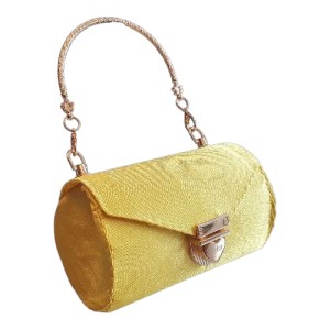Poseta cilindrica BrosNor, unicat, lucrata manual, din satin, Galben, 14x9 cm 