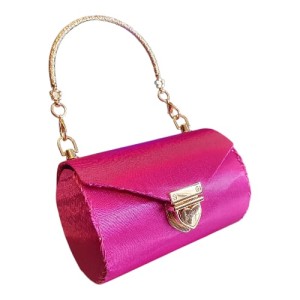 Poseta cilindrica BrosNor, unicat, lucrata manual, din satin, Fucsia, 14x9 cm 