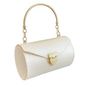 Poseta cilindrica BrosNor, unicat, lucrata manual, din satin, Alb, 14x9 cm 